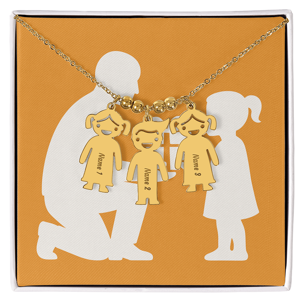 Engraved Kids Charm Necklace Personalized Family Jewelry - 3 Charms / 18K Yellow Gold Finish / Standard Box - Jewelry