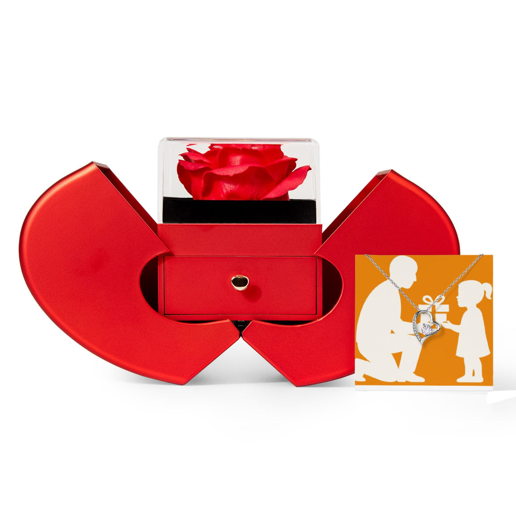 Forever Love Necklace & Eternal Rose Heart Box Gift Set - 14k White Gold Finish - Jewelry