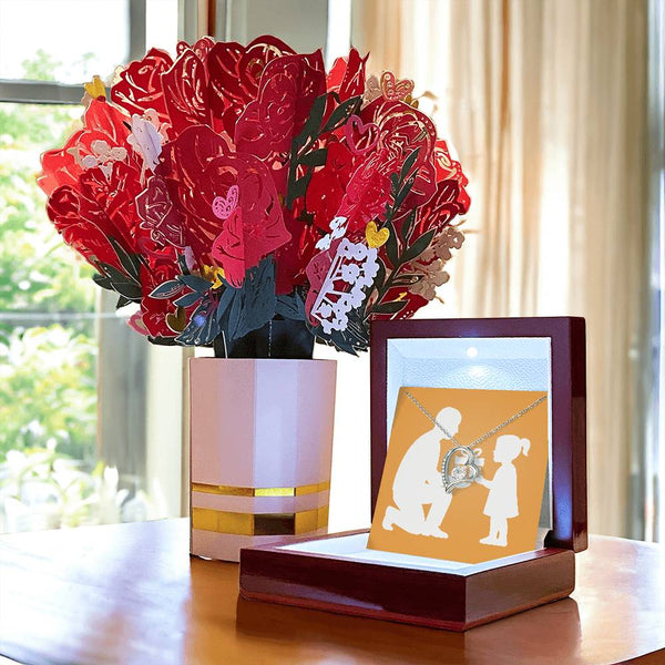 Heart-Shaped Forever Love Necklace with Faux Flower Bouquet - White Gold Finish / Luxury Box - Jewelry