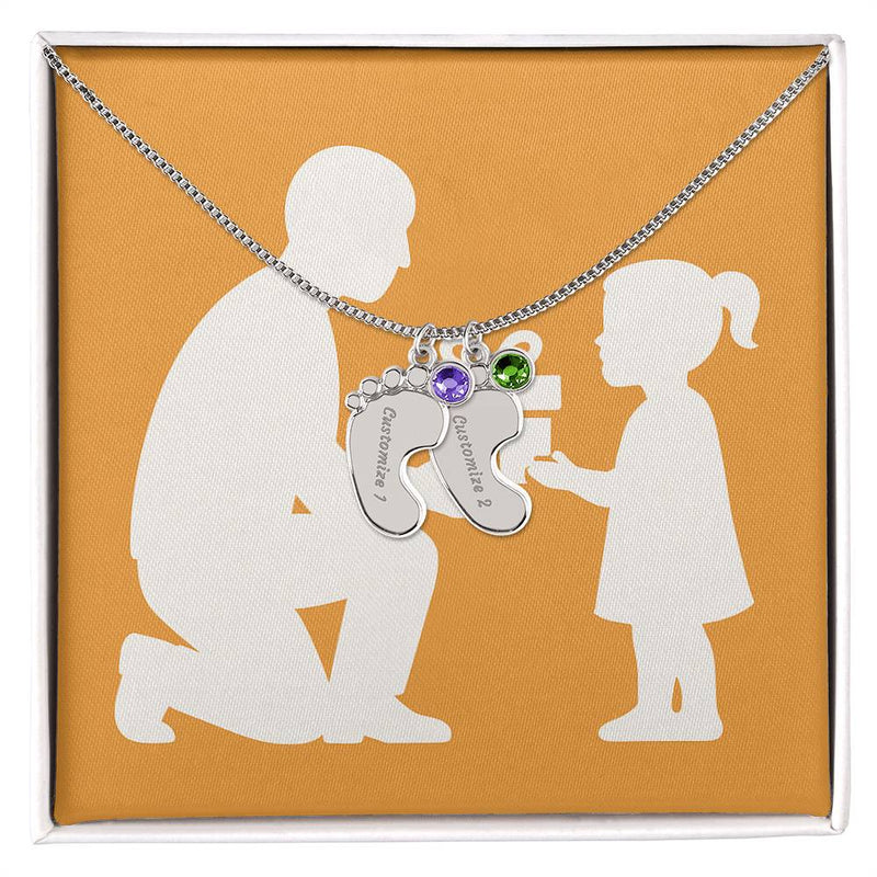 Personalized Baby Feet Birthstone Necklace for Moms & Grandmas - 2 Charms / Polished Stainless Steel / Standard Box