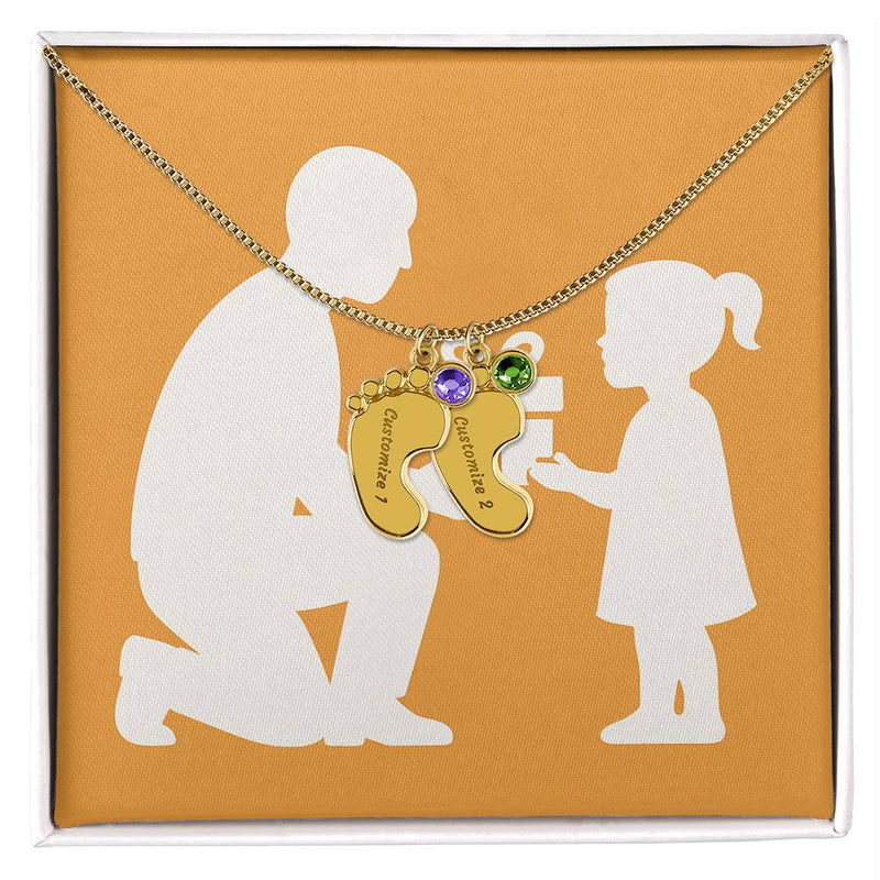Personalized Baby Feet Birthstone Necklace for Moms & Grandmas - 2 Charms / 18K Yellow Gold Finish / Standard Box