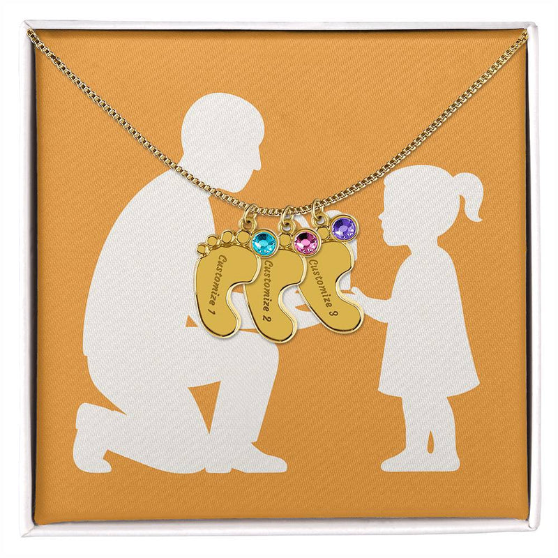 Personalized Baby Feet Birthstone Necklace for Moms & Grandmas - 3 Charms / Polished Stainless Steel / Standard Box