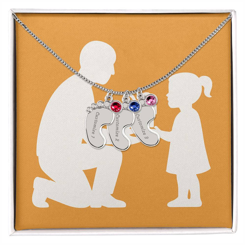 Personalized Baby Feet Birthstone Necklace for Moms & Grandmas - 4 Charms / Polished Stainless Steel / Standard Box